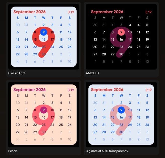 Four Striking Calendar styles side by side: Classic light, AMOLED, Peach, and Classic light with the big date at 60% transparency