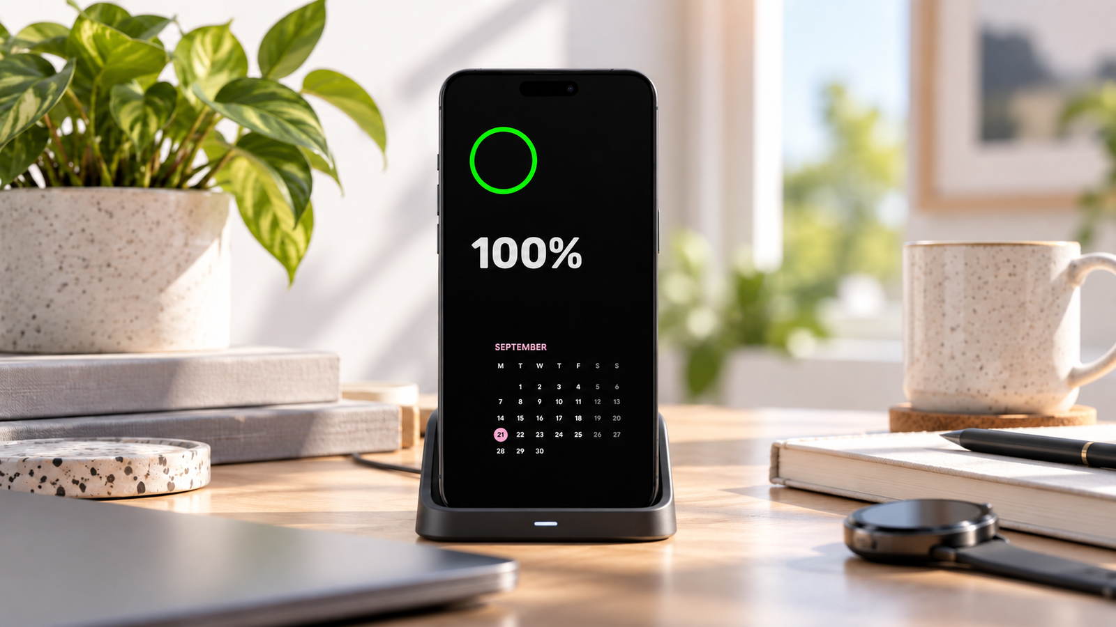 Smartphone on a charging dock displaying a 100% battery indicator and calendar with Always-On Display, beside a smartwatch on a bright desk.