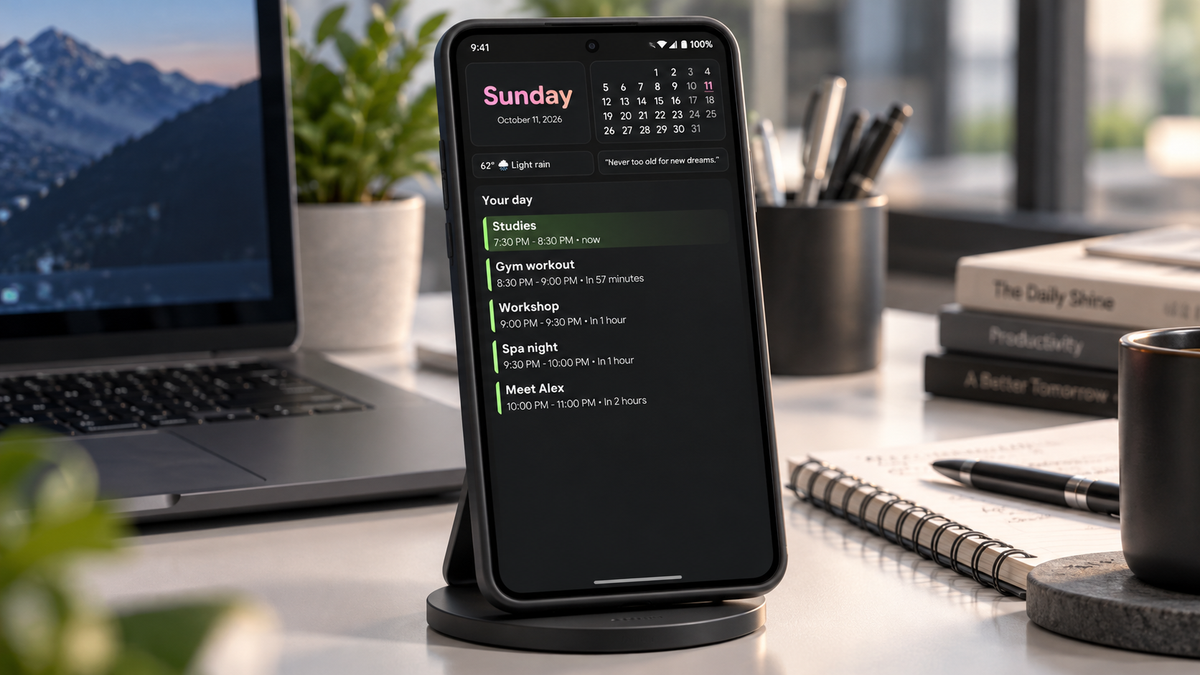 Android phone displaying a day planner with calendar, weather, schedule, and productivity widgets in StandBy Mode Pro.