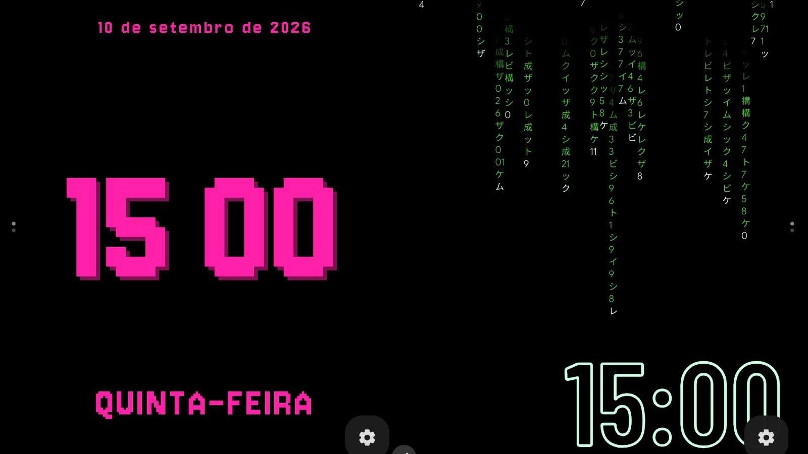 Android charging screen with animated digital clock widgets in StandBy Mode, showing neon and Matrix-style designs in Duo mode.