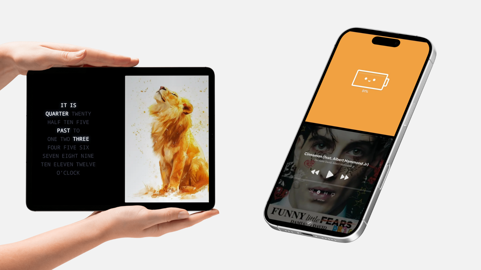 Tablet and Android phone displaying StandBy Mode Pro Duo widgets with a word clock and animated dog photo.
