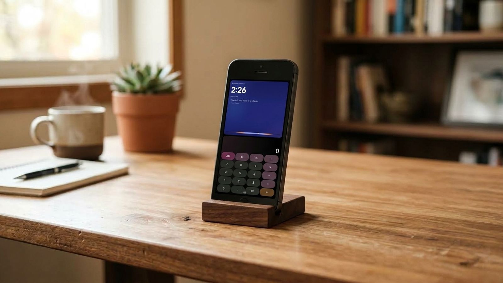Old smartphone on a small wooden stand on a desk, showing a clock widget with 2:26 above a calculator widget, next to a coffee mug, notebook, and potted plant.