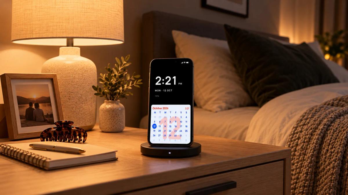 Android phone displaying a digital clock and calendar widget in StandBy Mode Pro on a bedside table.