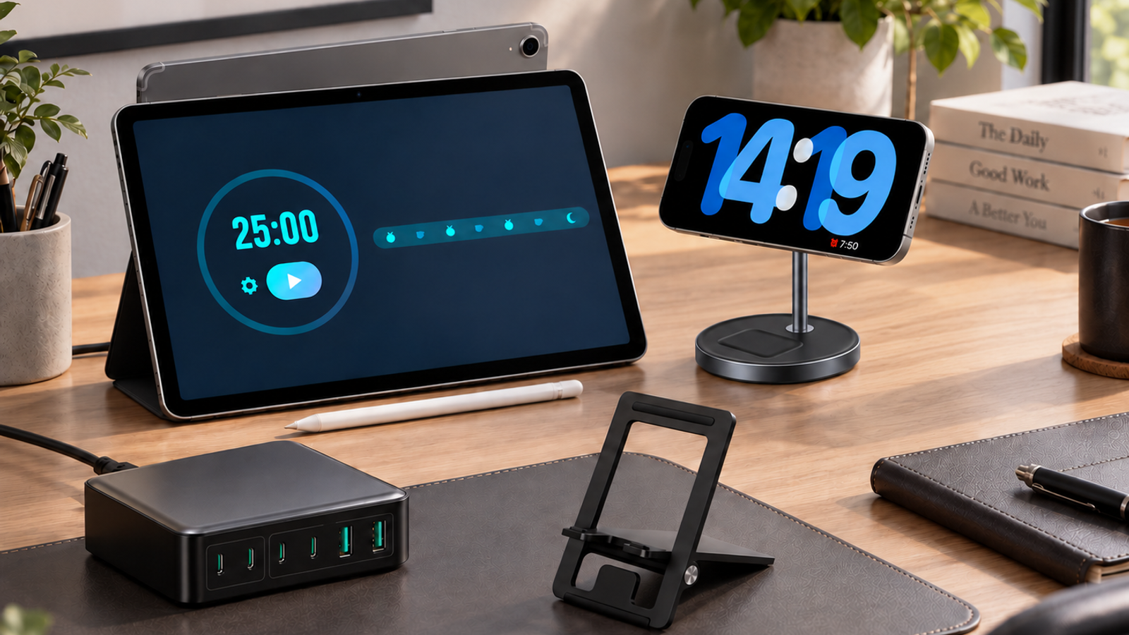 Organized work setup with a tablet displaying a Pomodoro timer, smartphone on a charging stand, phone holder, and fast-charging USB hub.