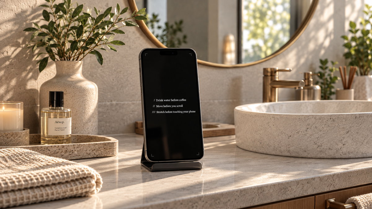 Android phone displaying a morning routine checklist in StandBy Mode Pro on a bathroom counter.
