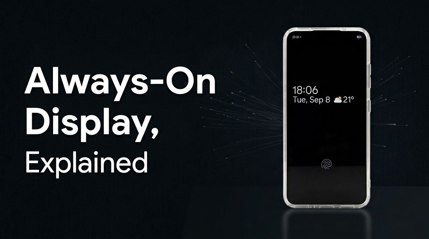 Samsung phone on AOD Mode and a title saying Always on Display, Explained