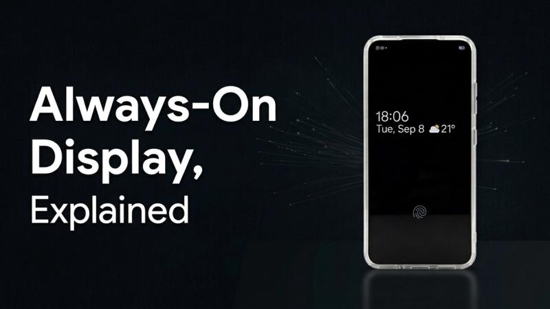 Samsung phone on AOD Mode and a title saying Always on Display, Explained