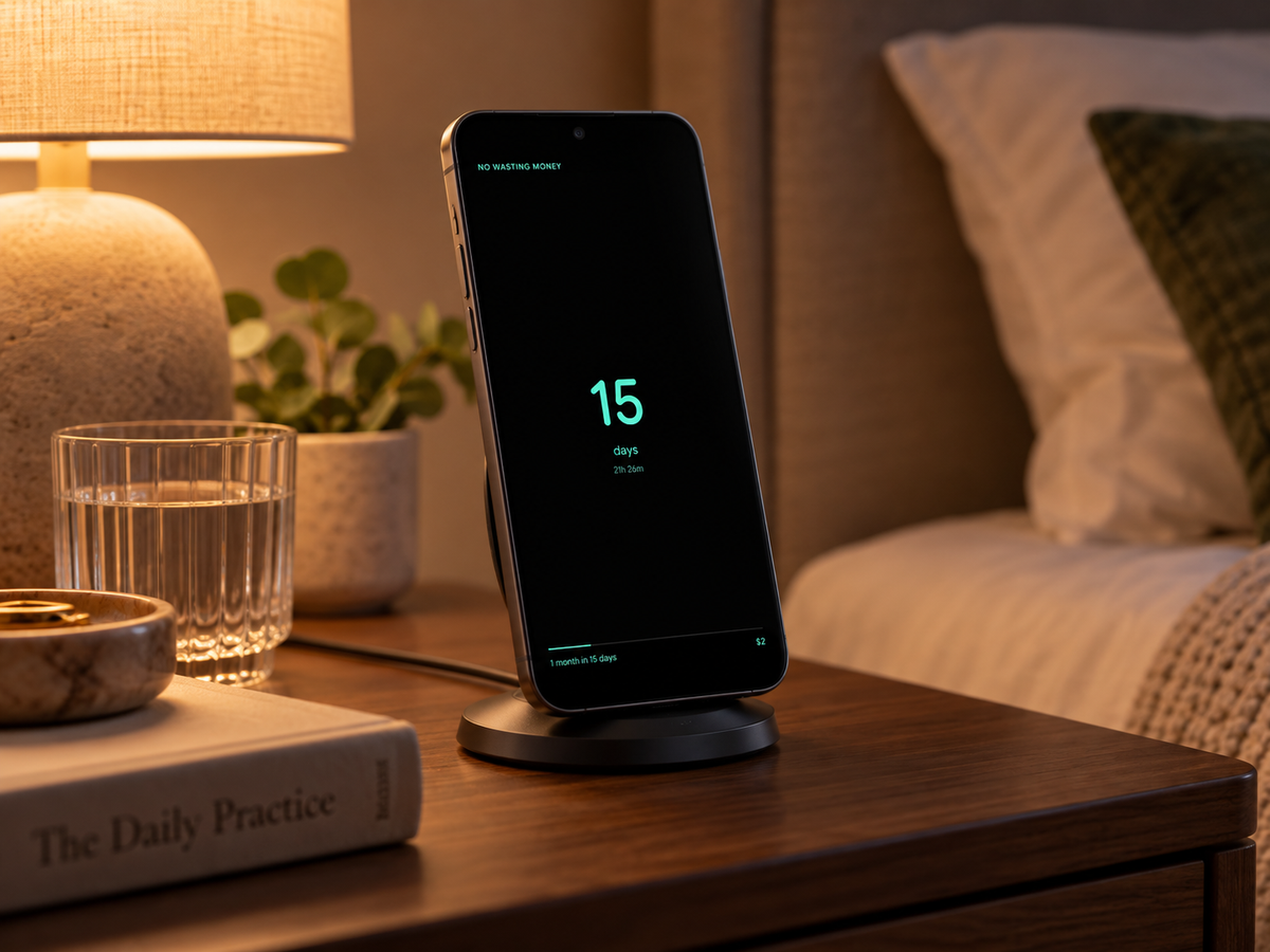 Android phone displaying a sobriety countdown widget in StandBy Mode Pro on a bedside table.