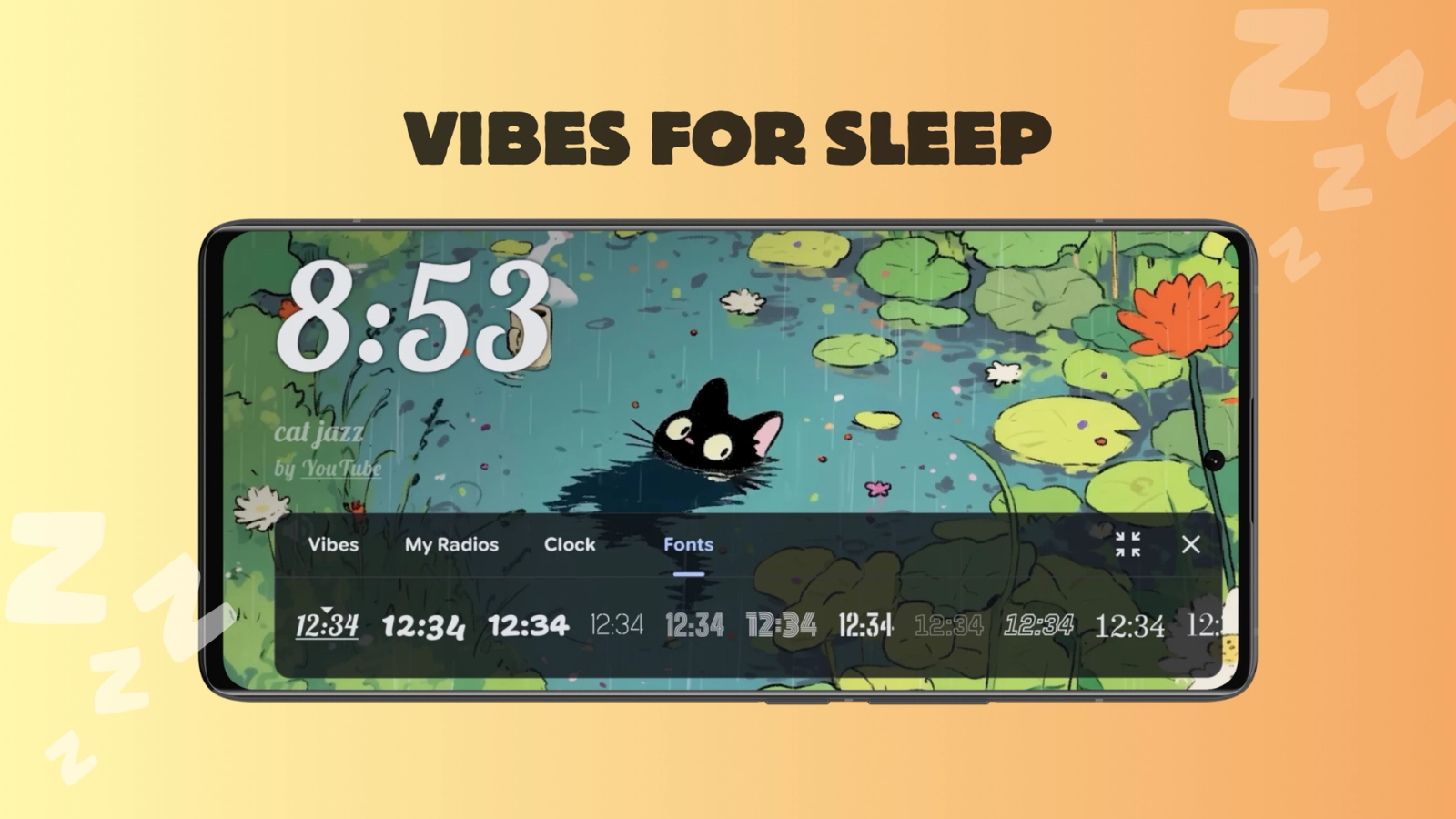 Screenshot of the vibes screen with a font customization panel