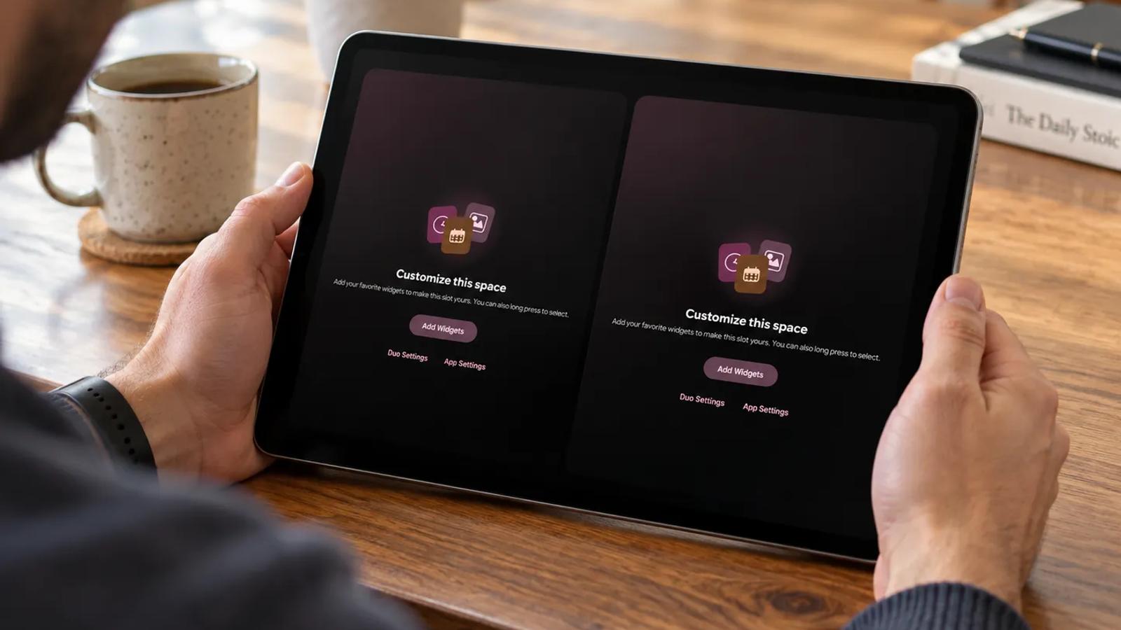Person customizing two widget spaces with Duo in StandBy Mode Pro on an Android tablet.