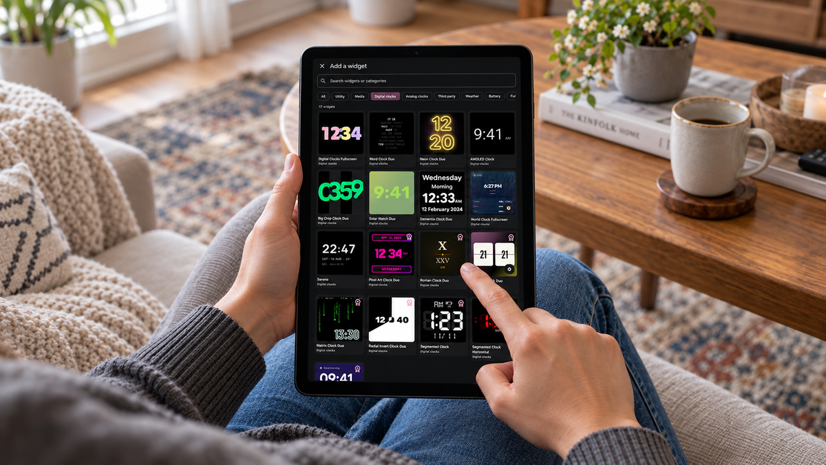 Person browsing customizable digital clock widgets in StandBy Mode Pro on an Android tablet.