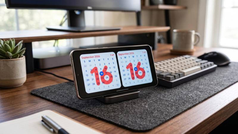 Phone docked in landscape mode showing the Standby Mode calendar widget on an aesthetic wooden desk.