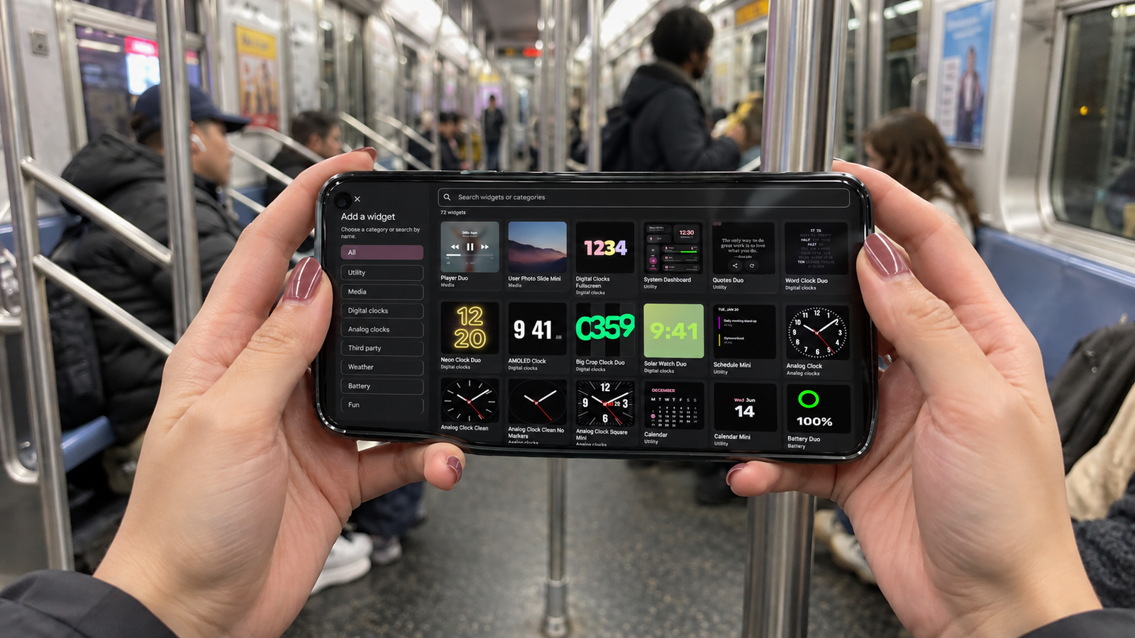 Woman holding an Android phone horizontally on a subway, displaying the StandBy Mode Pro widget gallery.