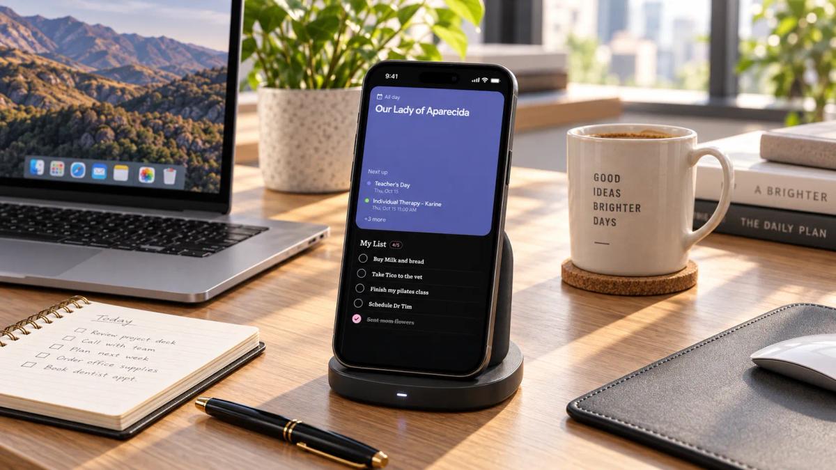 Android phone displaying calendar events and a to-do list in StandBy Mode Pro on an office desk.