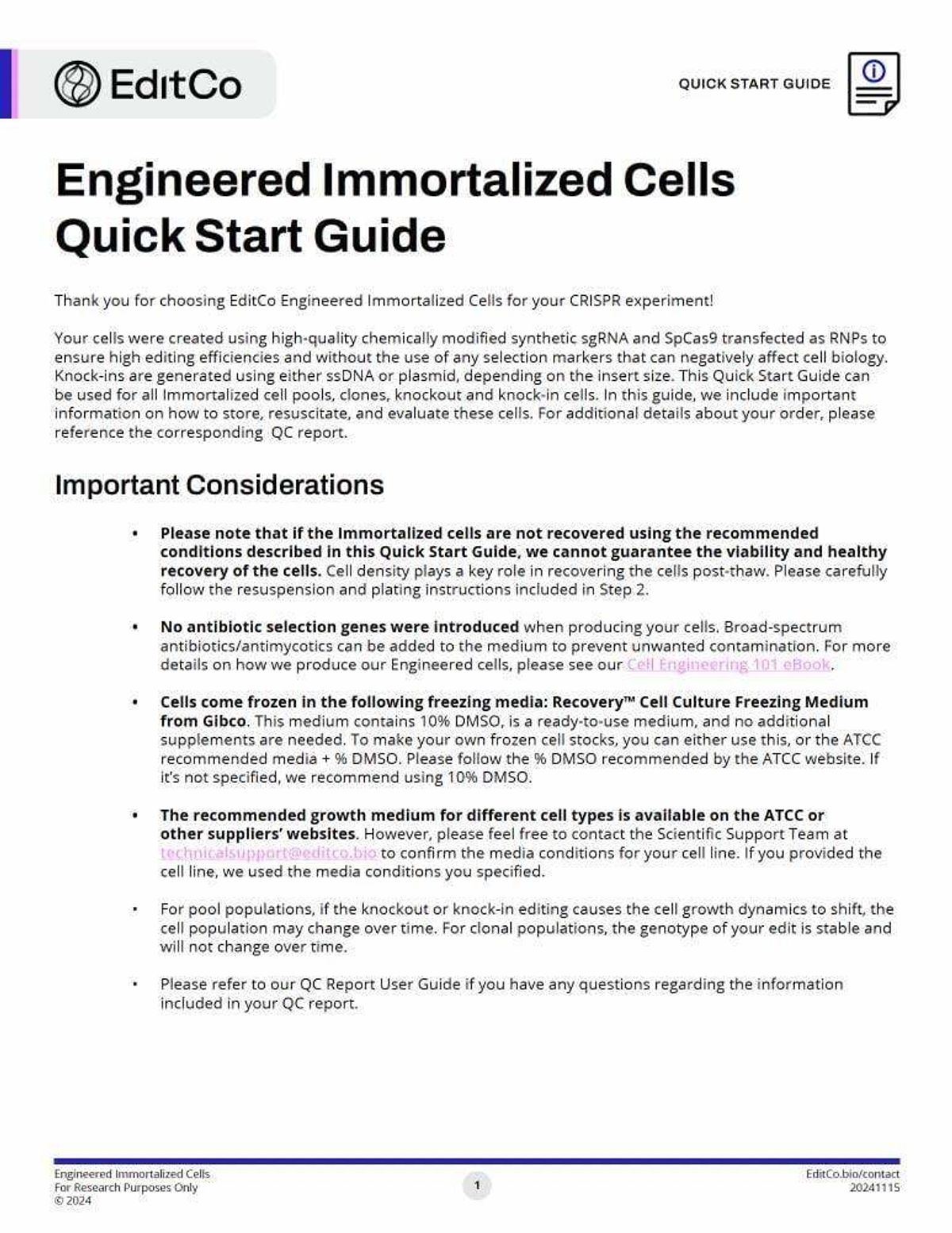 Engineered Immortalized Cell Quick Start Guide