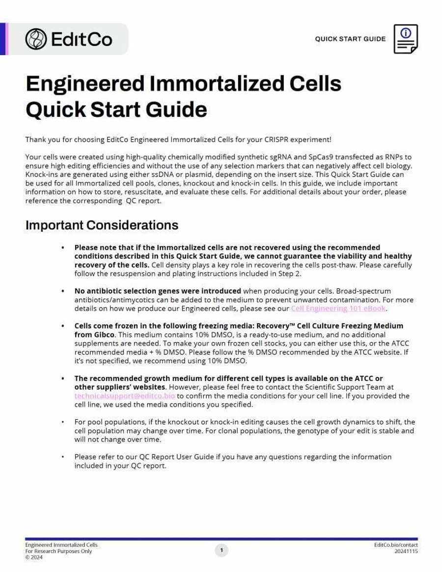 Engineered Immortalized Cell Quick Start Guide