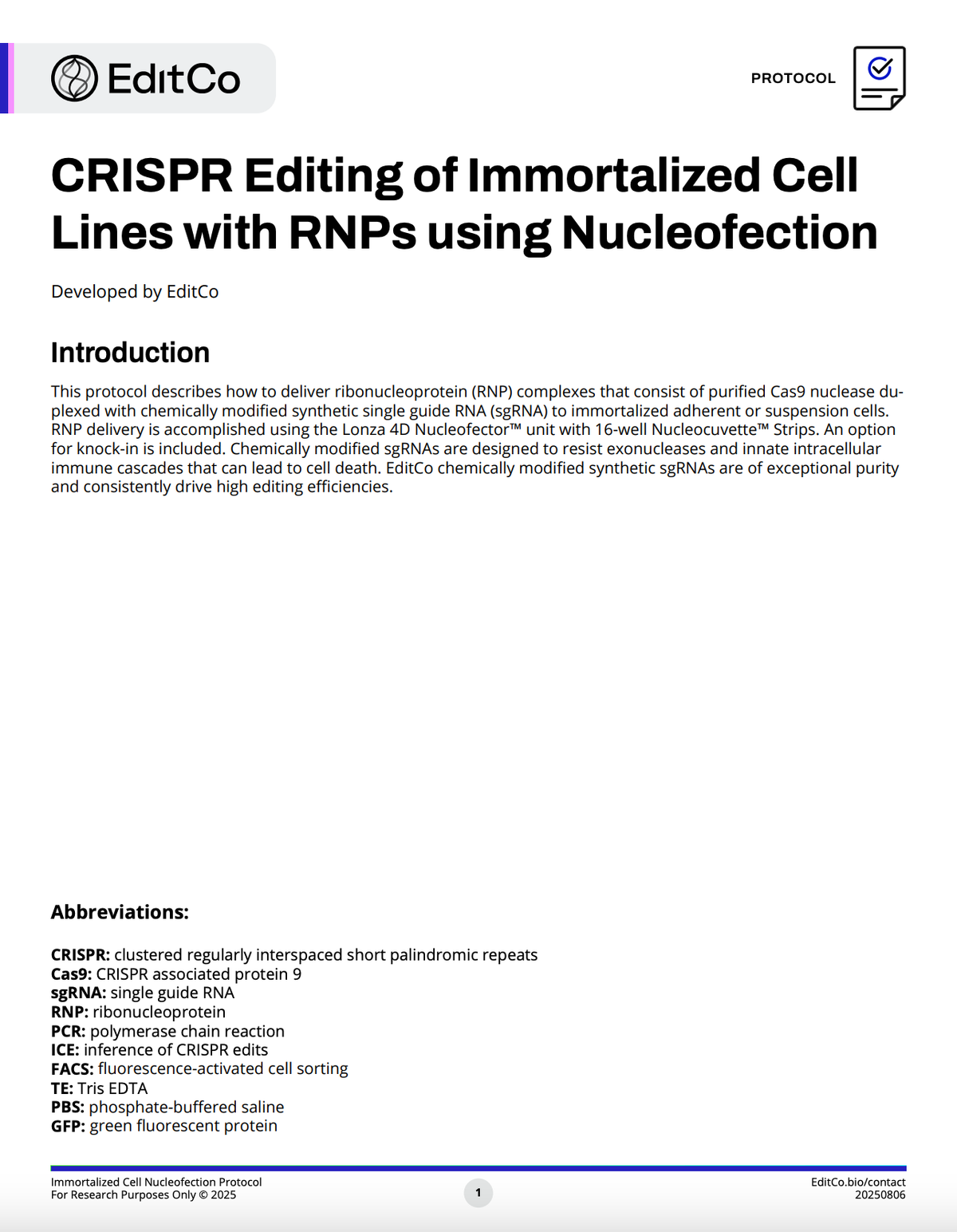 CRISPR Editing of Immortalized Cell Lines with RNPs using Nucleofection