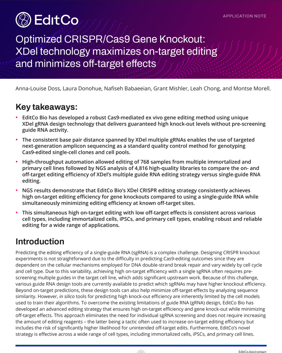 Optimized CRISPR/Cas9 Gene Knockout: XDel technology maximizes on-target editing and minimizes off-target effects