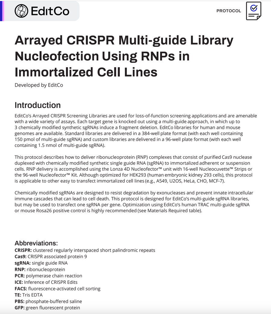 Arrayed CRISPR Multi-guide Library Nucleofection Using RNPs in Immortalized Cell Lines