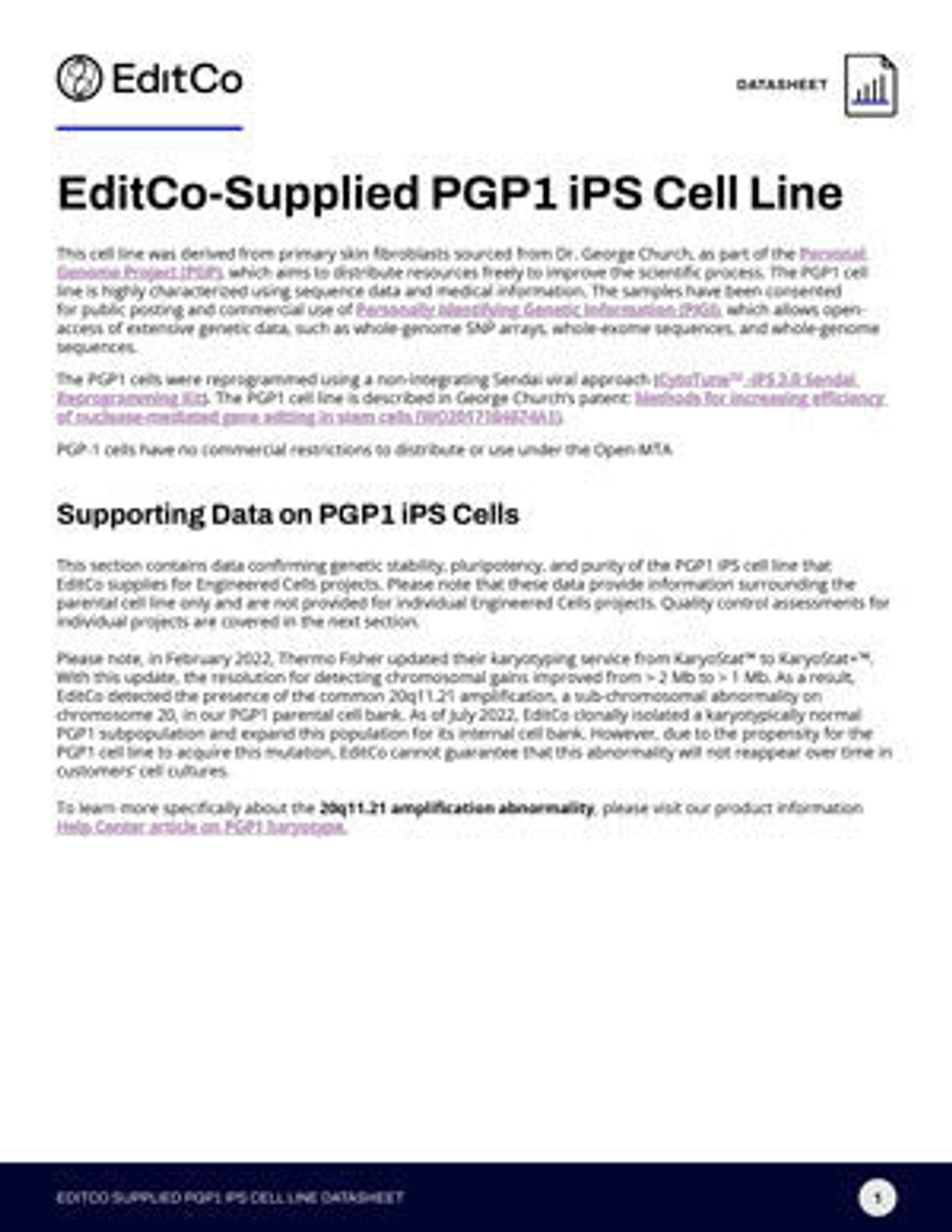 EditCo-Supplied PGP1 iPS Cell Line