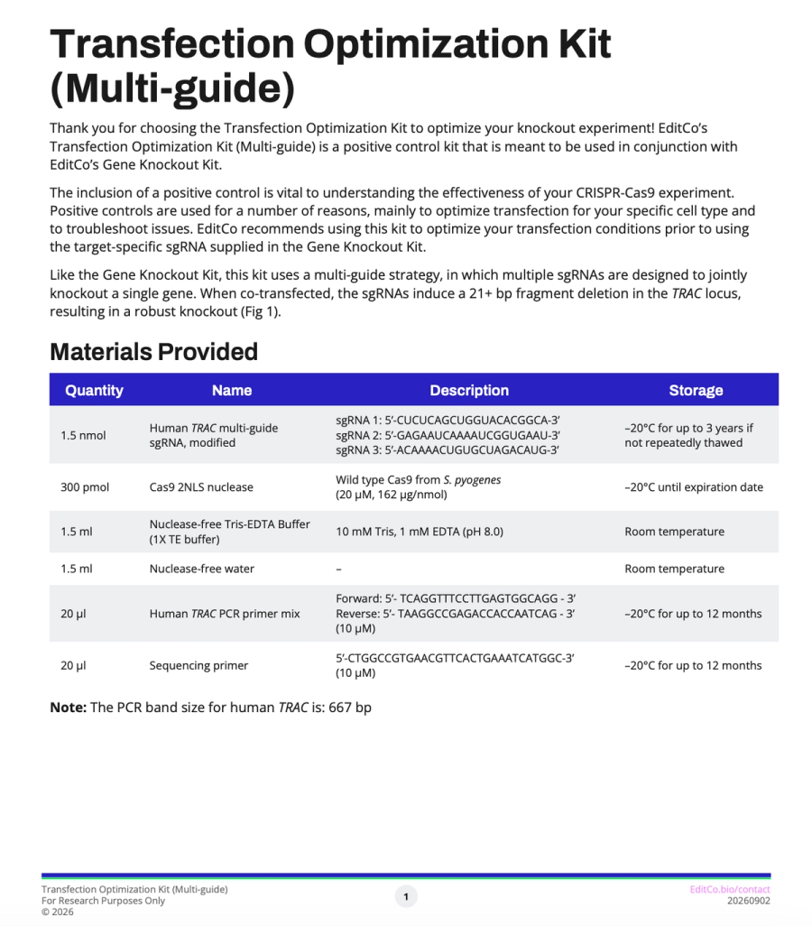 Transfection Optimization Kit (Multi-guide) quick start guide
