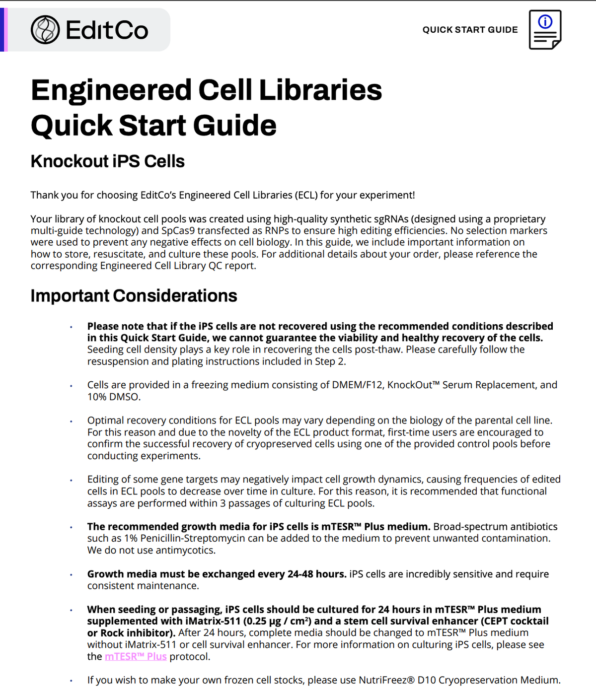 Engineered Cell Libraries Quick Start Guide: Knockout iPS Cells