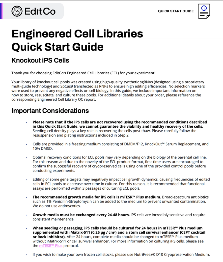 Engineered Cell Libraries Quick Start Guide: Knockout iPS Cells