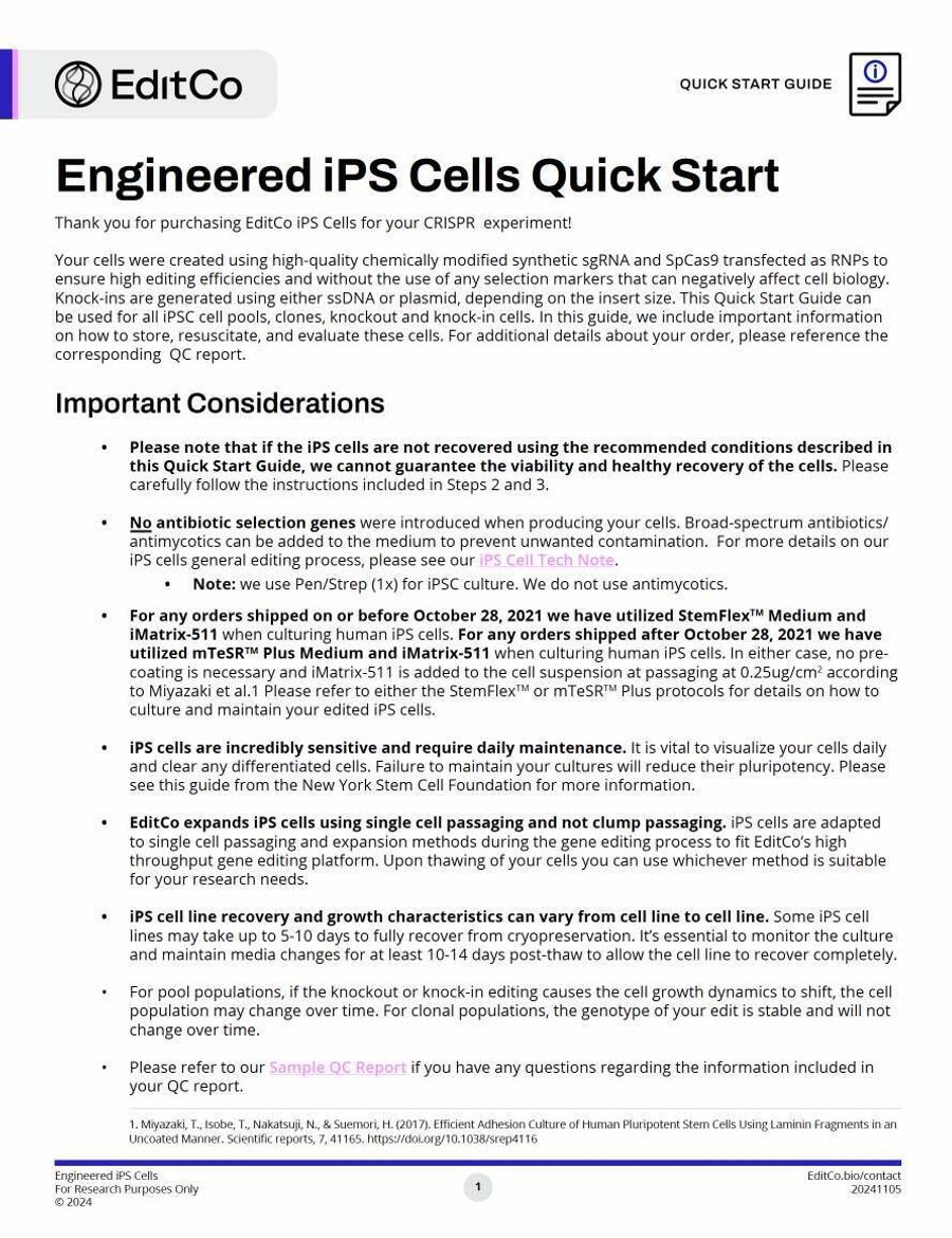 Engineered iPS Cell Quick Start Guide