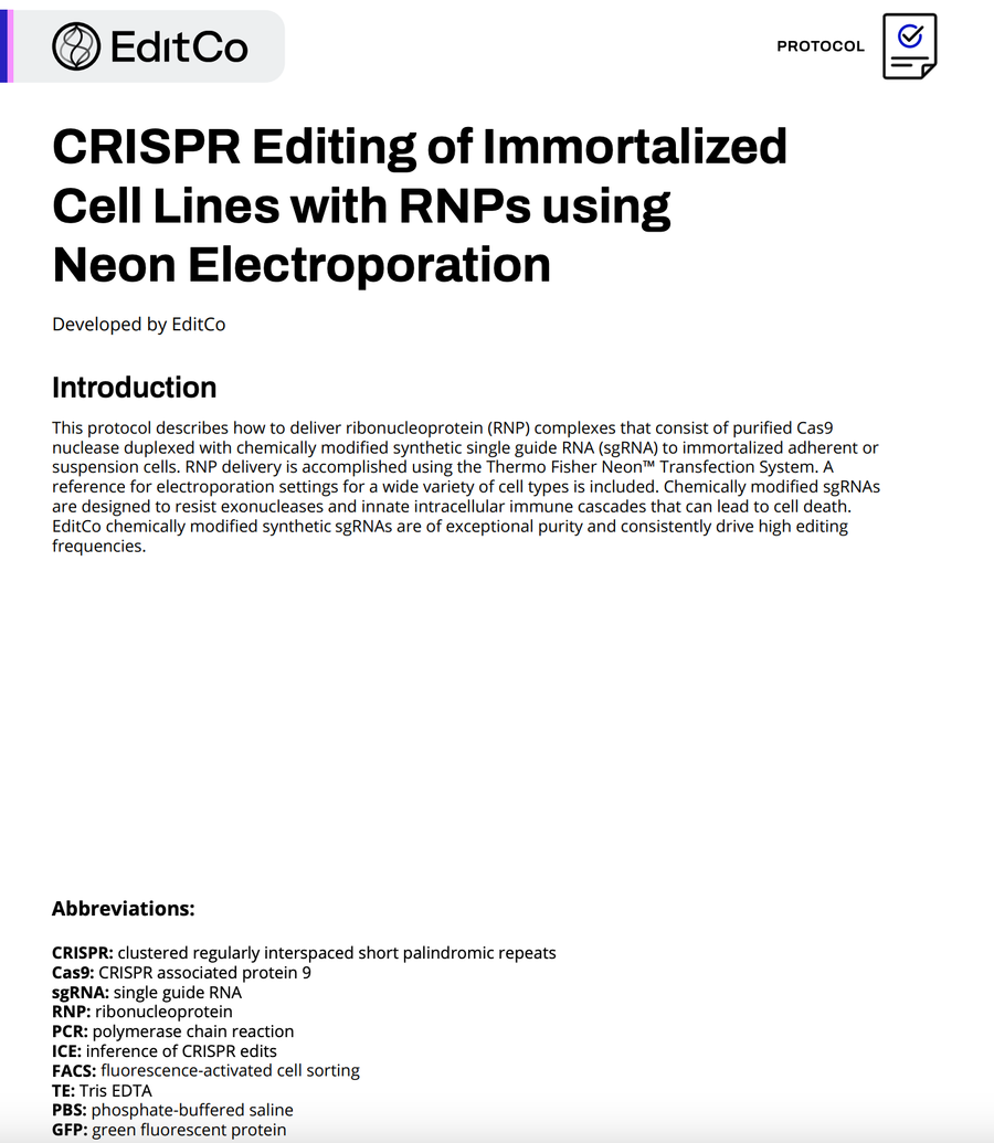 CRISPR Editing of Immortalized Cell Lines with RNPs using Neon Electroporation