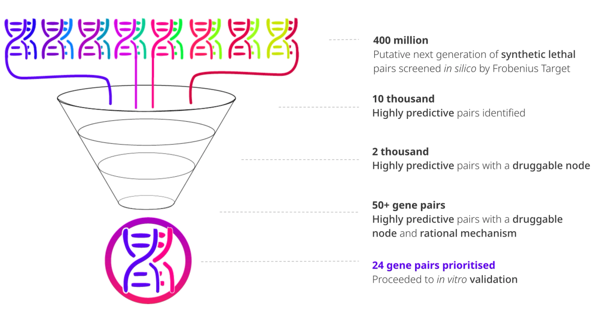 A funnel narrowing from 400 million synthetic lethal pairs screened in silico, to 10 thousand highly predictive pairs, 2 thousand with a druggable node, 50-plus with a rational mechanism, and 24 gene pairs taken into in vitro validation