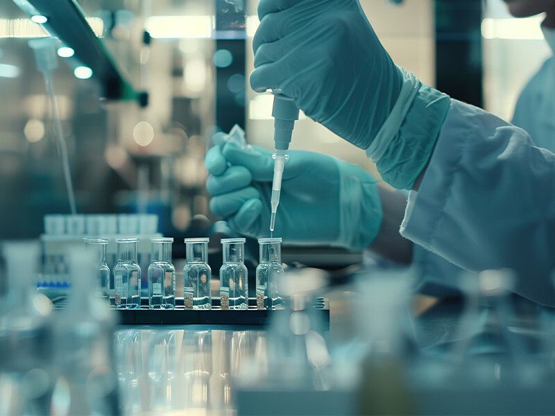 Gloved hands pipetting into a rack of glass vials at a laboratory bench