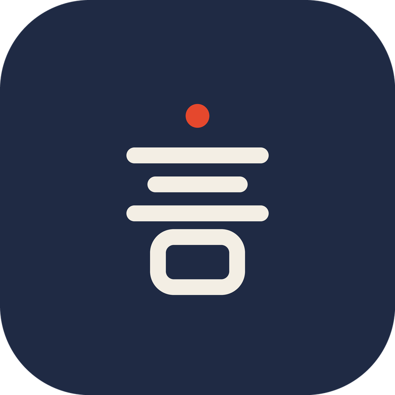 Koto app icon: a cream logomark with an orange dot on a navy rounded square
