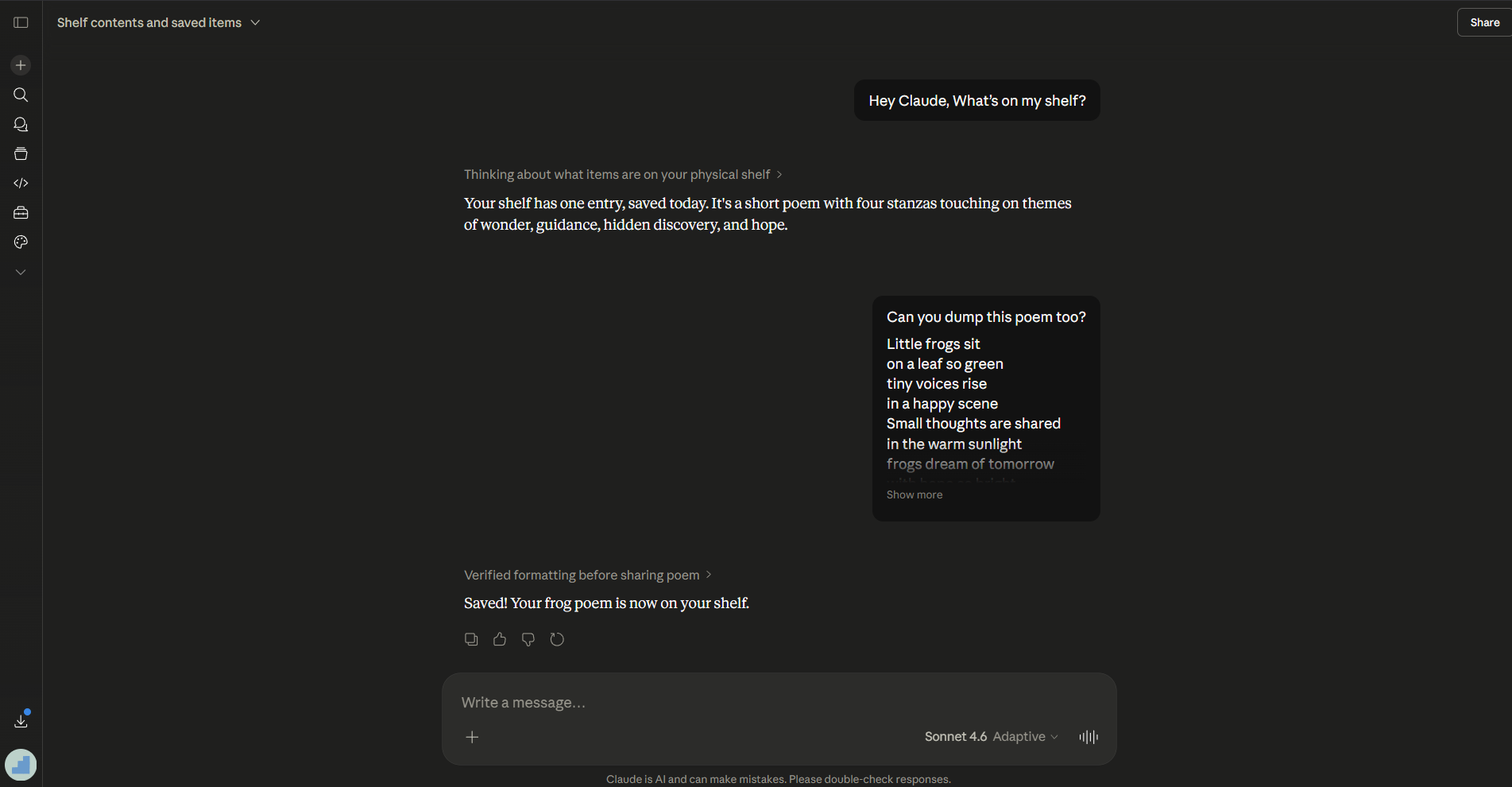 A screenshot of a Claude chat interface where a user asks about items saved to their "shelf." The AI responds that one item, a four-stanza poem about frogs, is saved. The poem is partially displayed in a message bubble.