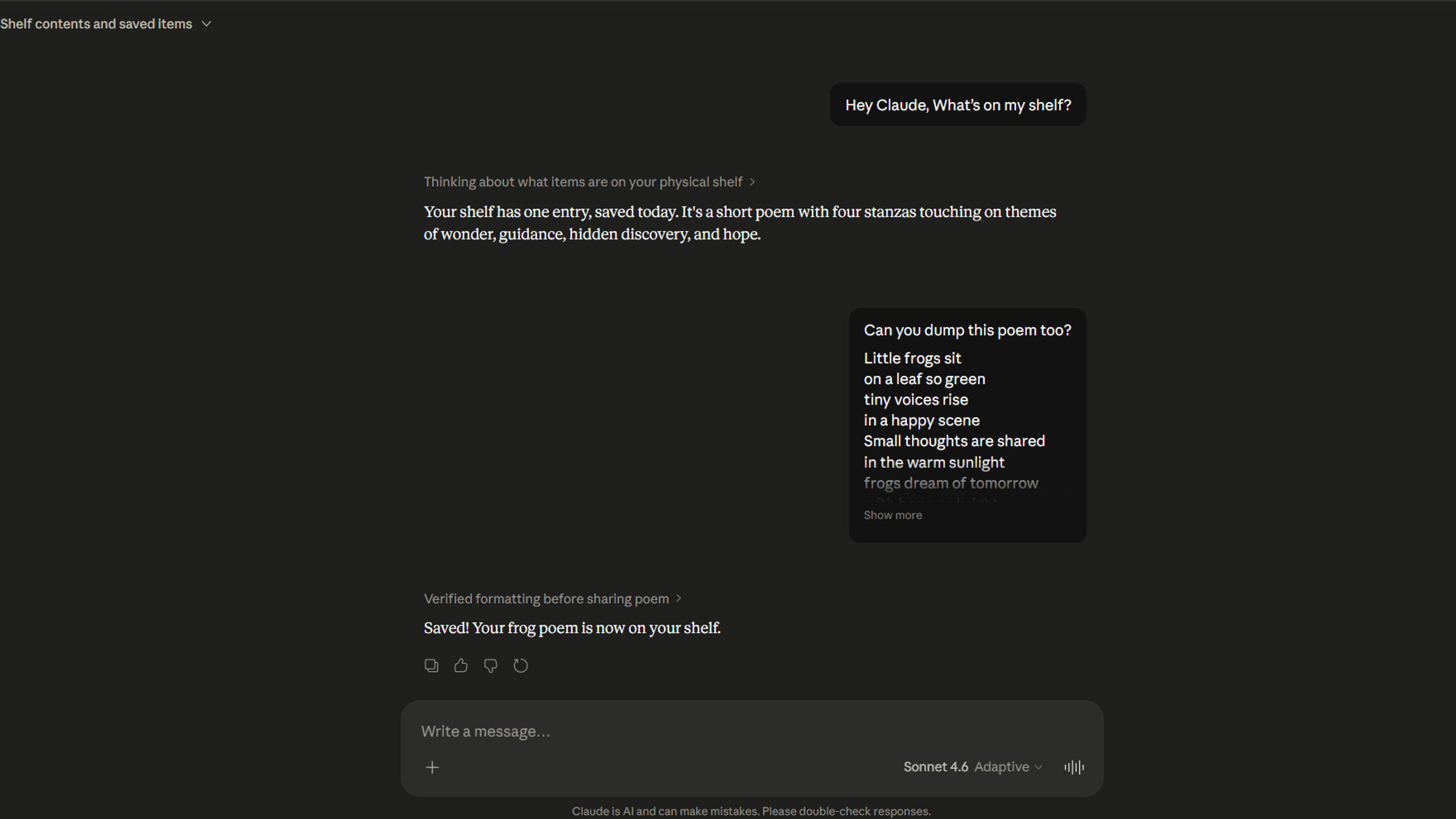 A screenshot of a Claude chat interface where a user asks about items saved to their "shelf." The AI responds that one item, a four-stanza poem about frogs, is saved. The poem is partially displayed in a message bubble.