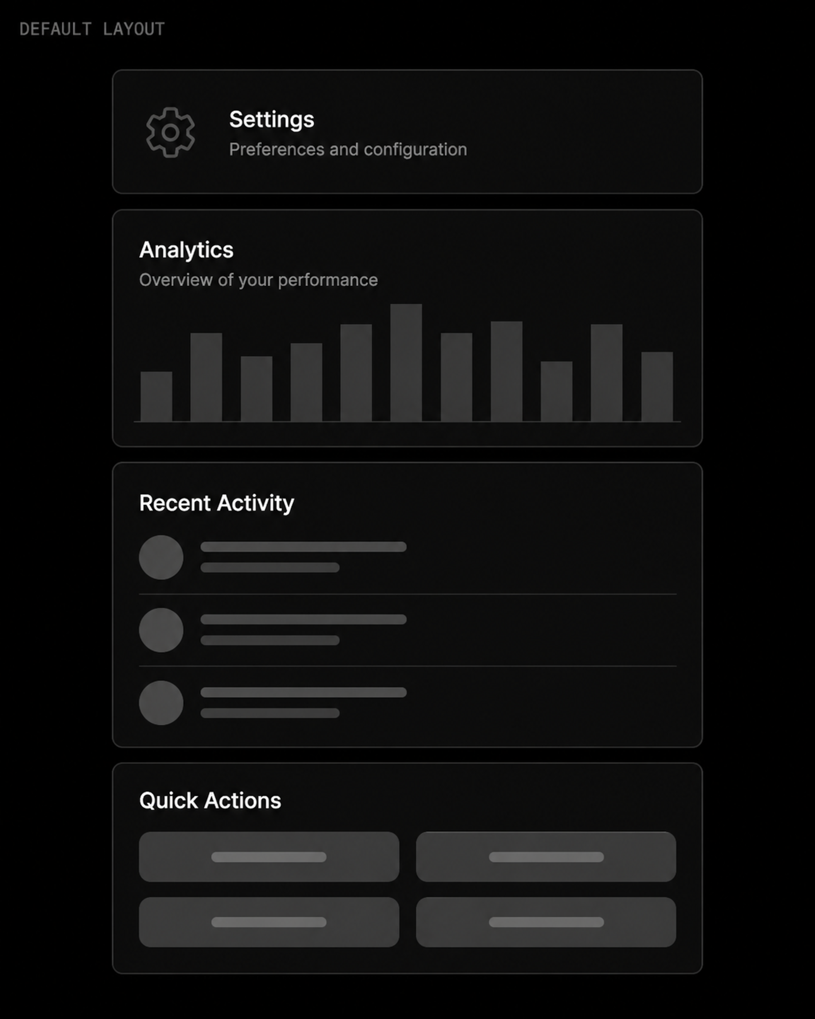 A dark-themed digital dashboard wireframe titled "Default Layout." It uses a standard vertical stack starting with a large "Settings" header at the top, followed by an "Analytics" bar graph, and placeholder skeleton loaders for "Recent Activity" and "Quick Actions."