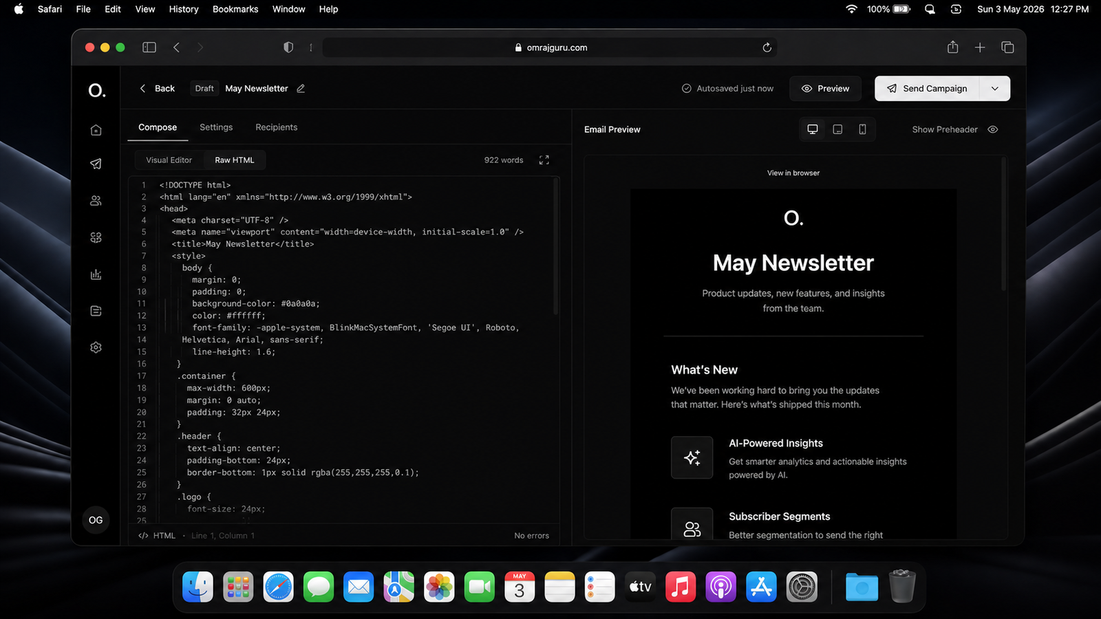 Email newsletter editor interface with code and preview