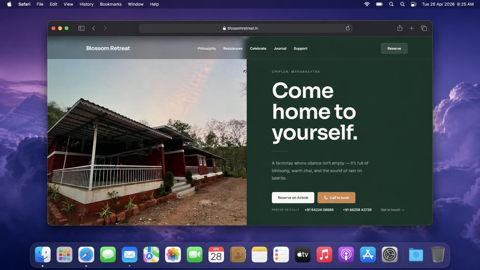 The Blossom Retreat website homepage showing a split screen with a photograph of a red laterite farmstay building on the left and the headline Come home to yourself on the right, along with location details for Chiplun, Maharashtra and buttons to reserve.