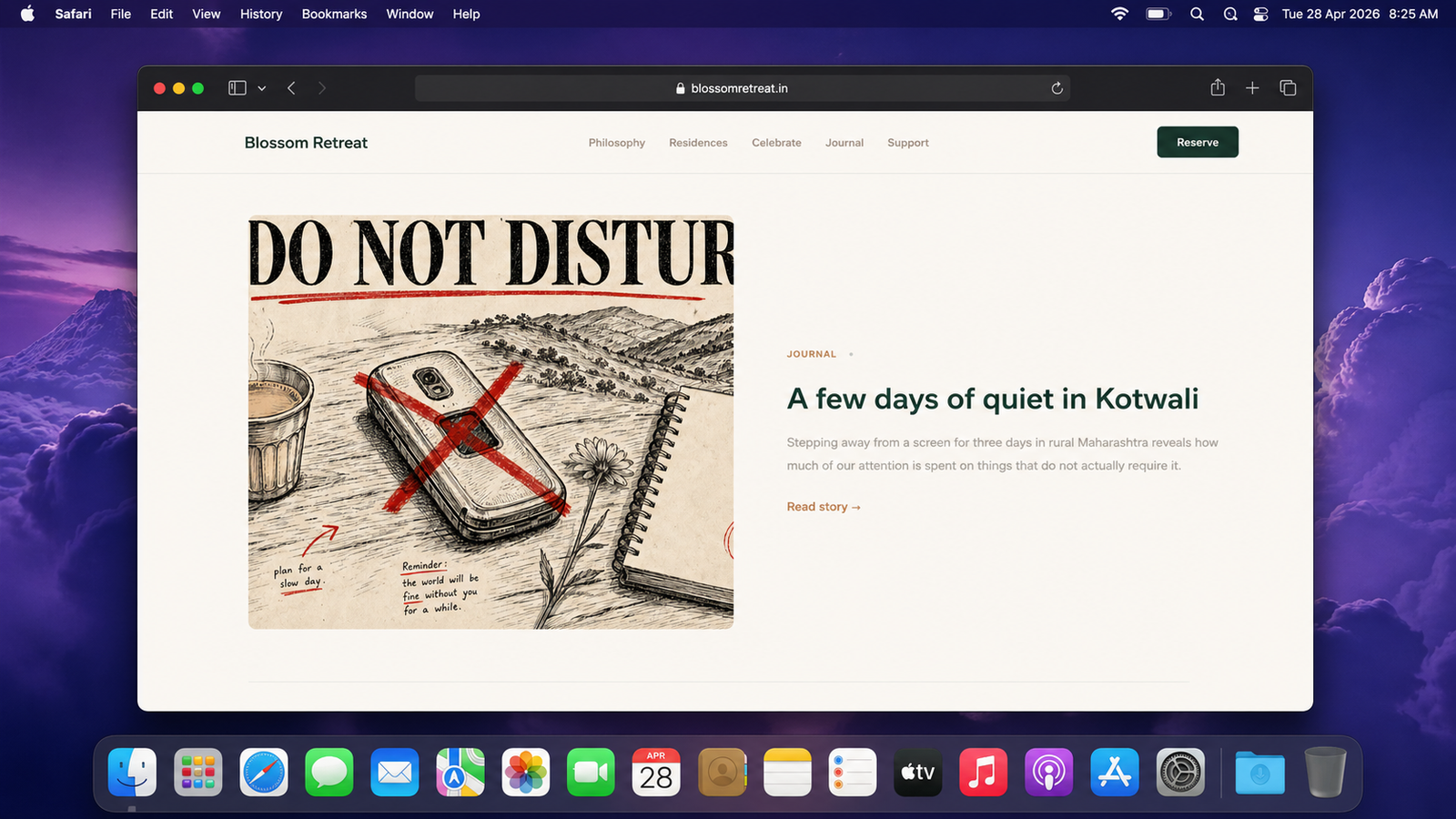 Hand-drawn illustration of a crossed-out mobile phone with the heading DO NOT DISTURB, alongside a cup of tea and a notebook, featured next to a Blossom Retreat journal entry titled A few days of quiet in Kotwali.