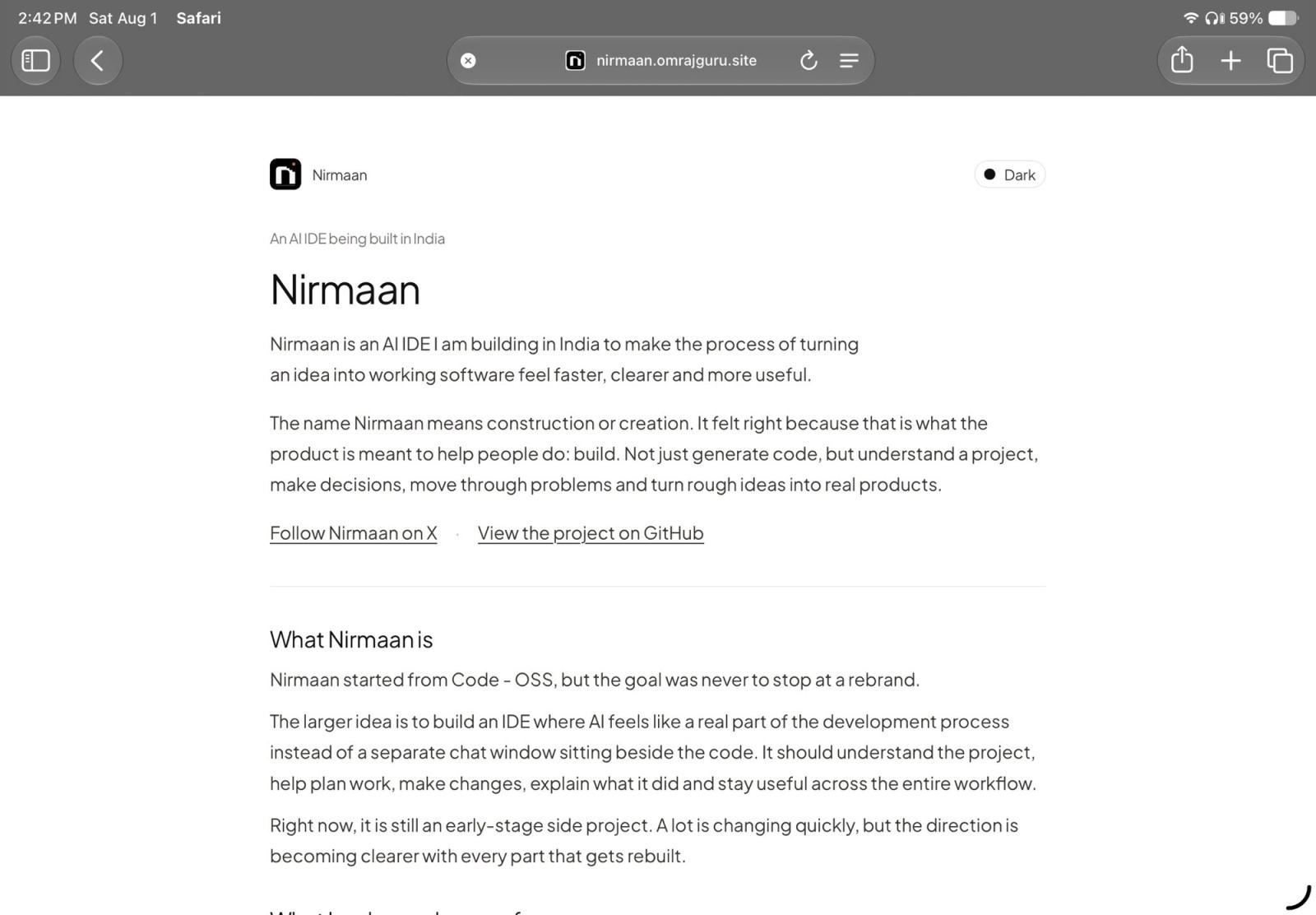 nirmaan website screenshot on an Apple iPad Safari Browser