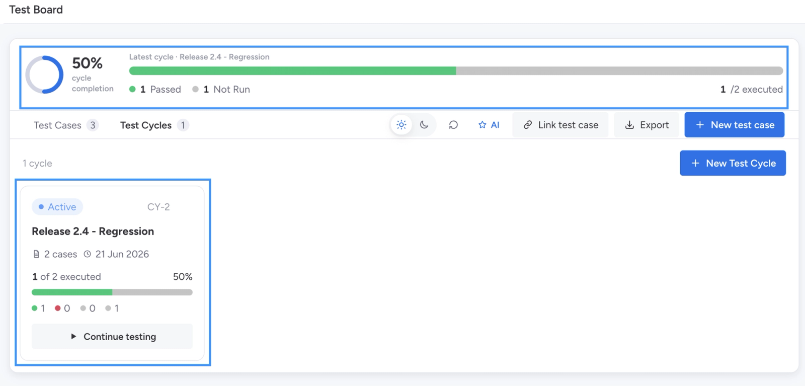 TestBoard cycle progress shows one passed case, one not-run case, and 50 percent completion.