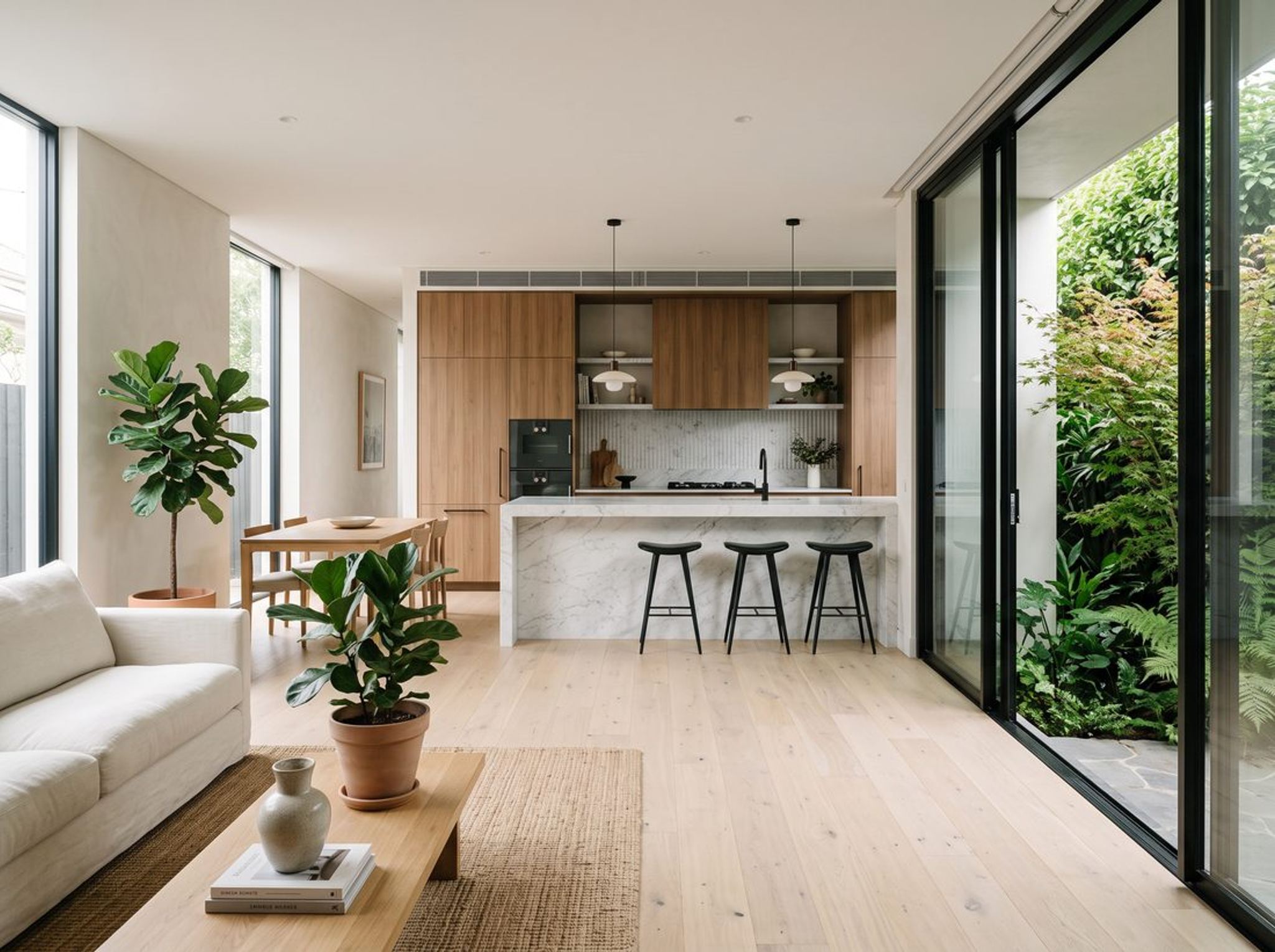 High-end open-plan renovation with marble island and oak flooring