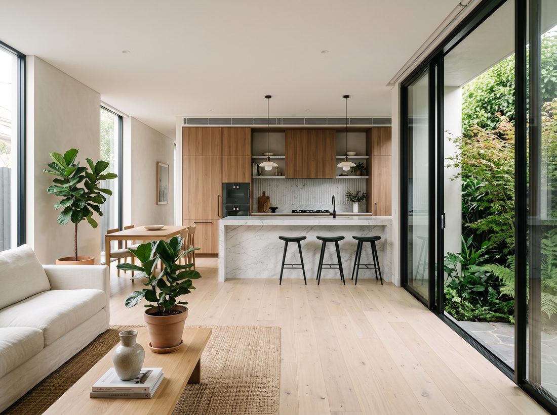 High-end open-plan renovation with marble island and oak flooring