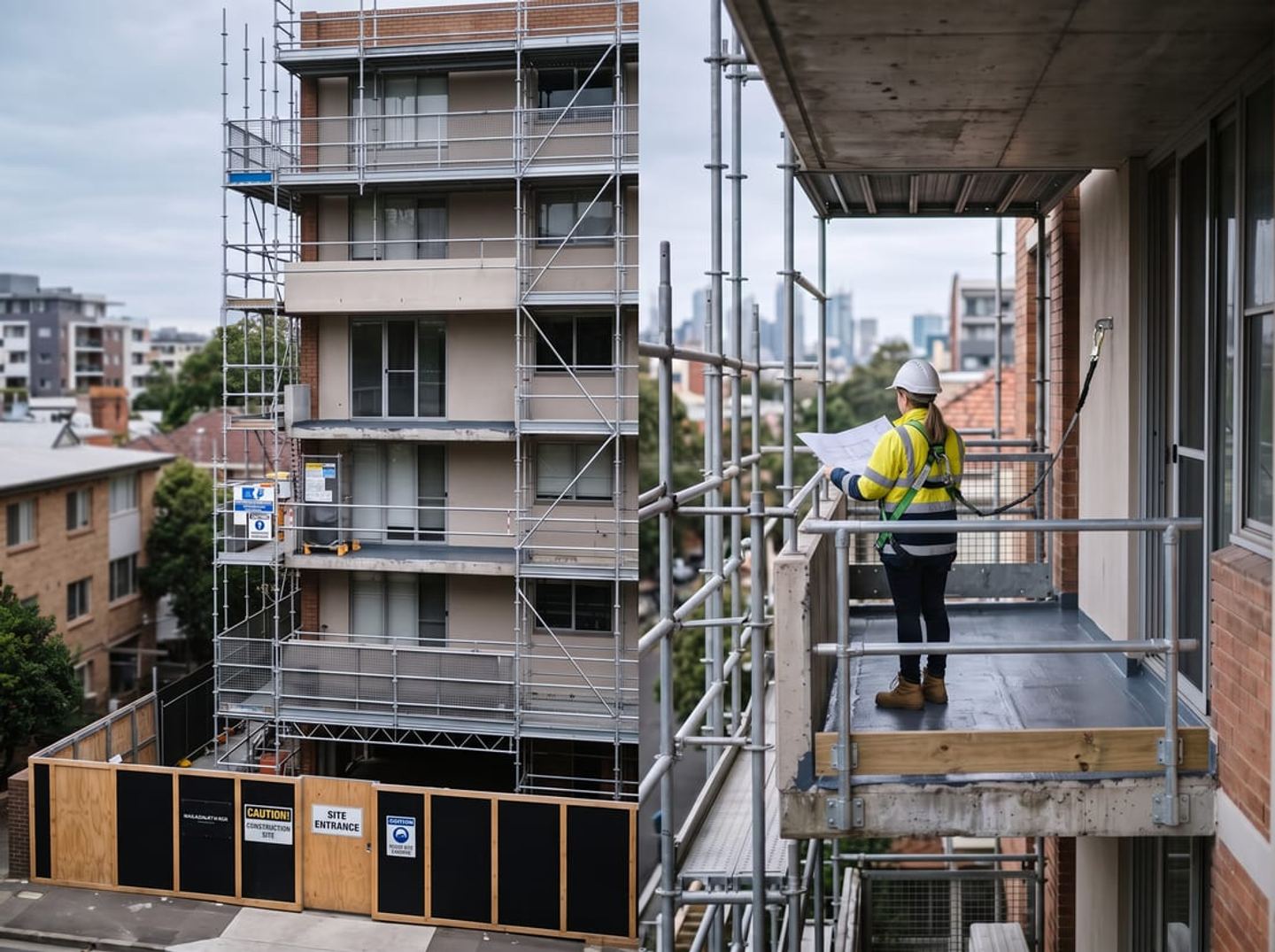An HSRC supervisor reviewing plans on scaffolding against a Sydney apartment building