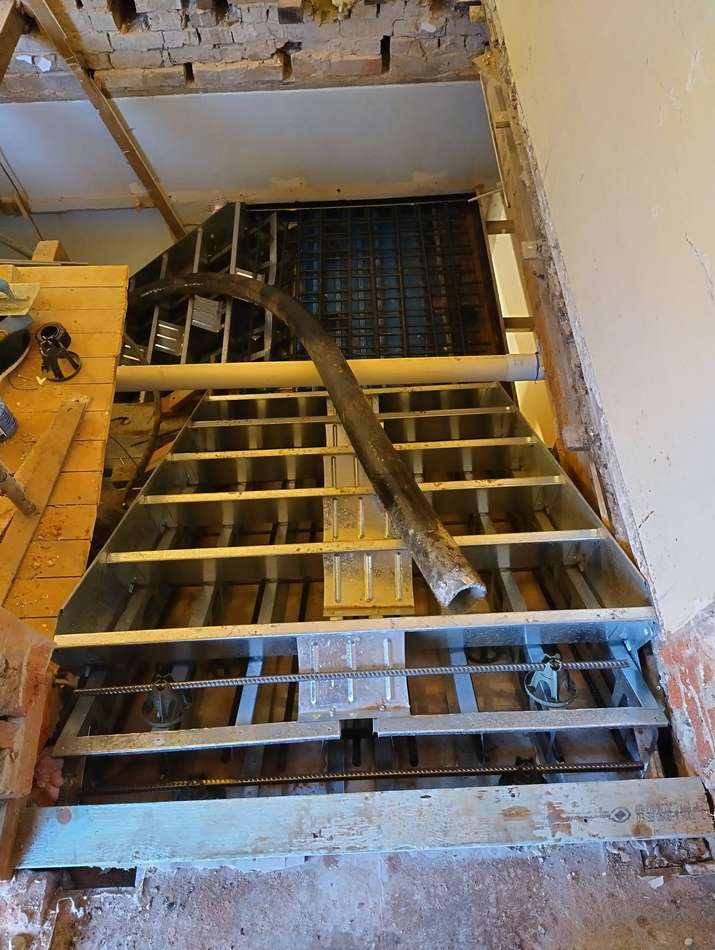 Formwork and reinforcement in place for the new fire stair pour