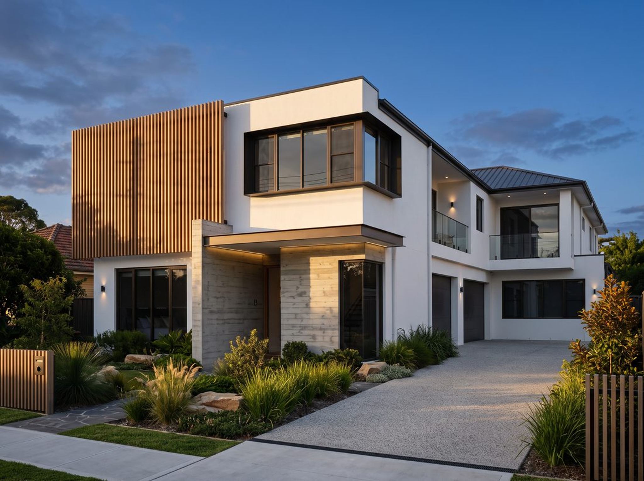 Completed contemporary Sydney duplex at golden hour