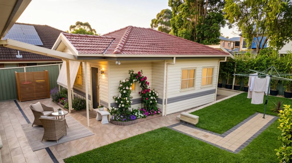 The completed granny flat at dusk, with its paved courtyard, lawn, garden beds and screened service area