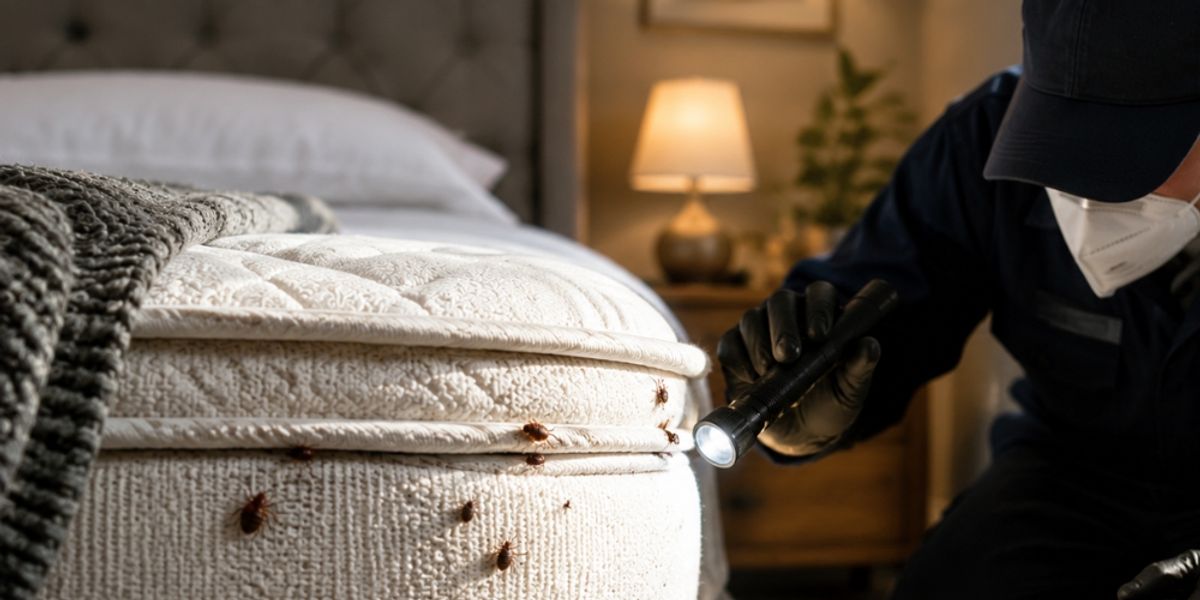 Pest control technician inspecting mattress for bed bugs with flashlight