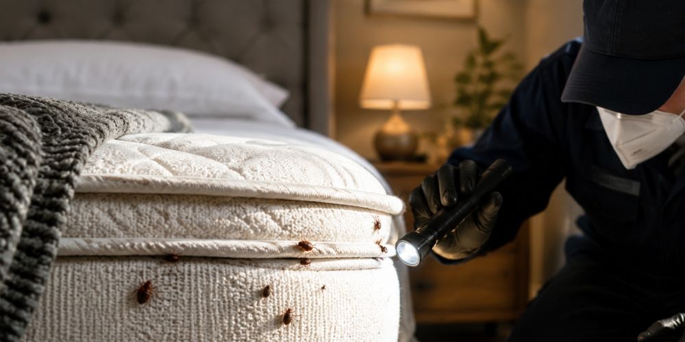 Pest control technician inspecting mattress for bed bugs with flashlight