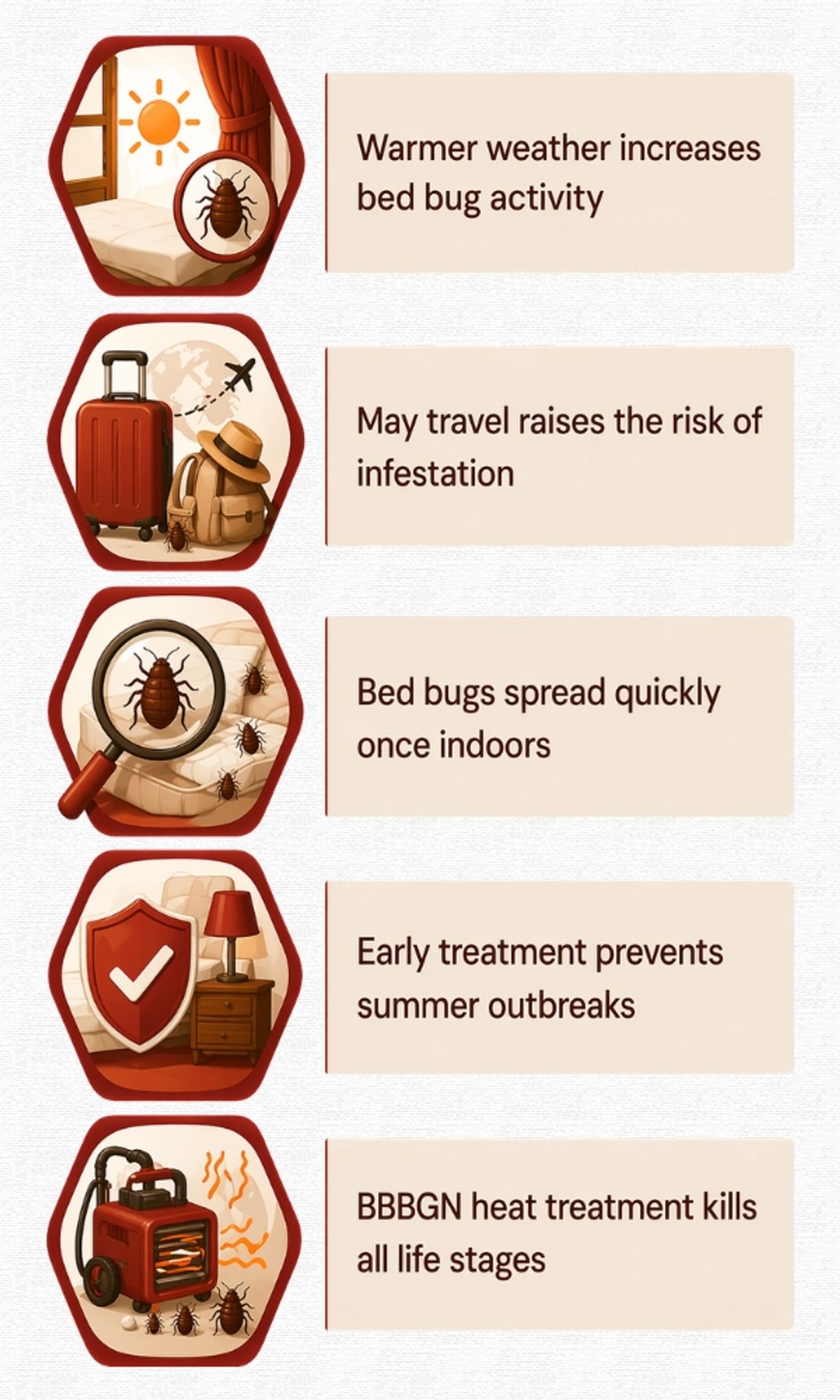 Infographic explaining why bed bugs are more active in May and how to prevent infestations