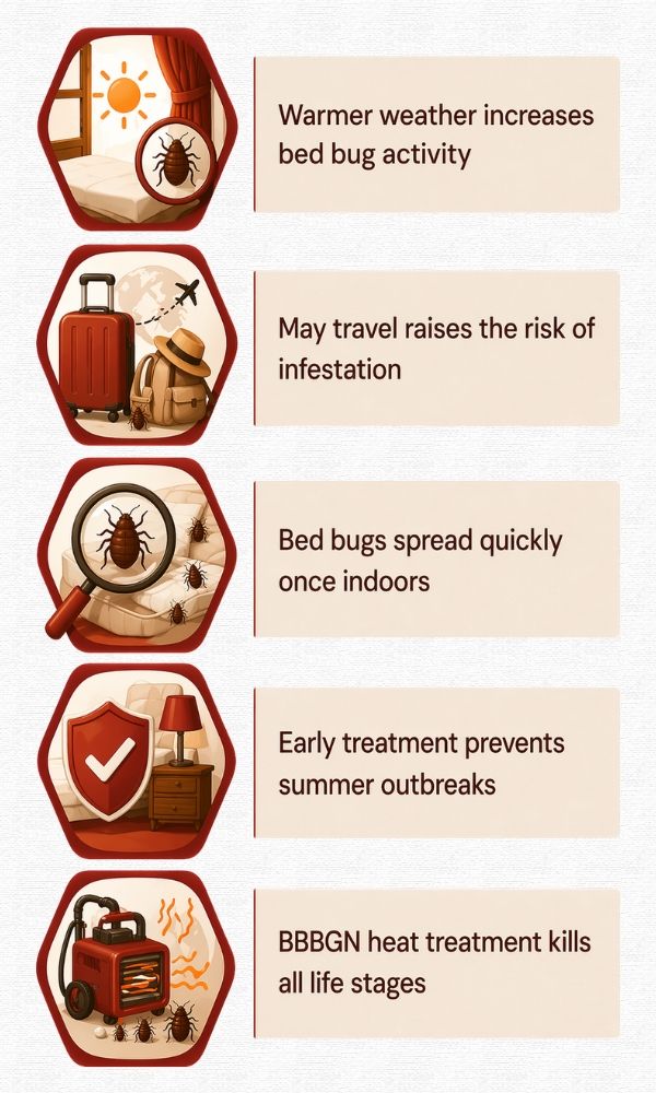 Infographic explaining why bed bugs are more active in May and how to prevent infestations